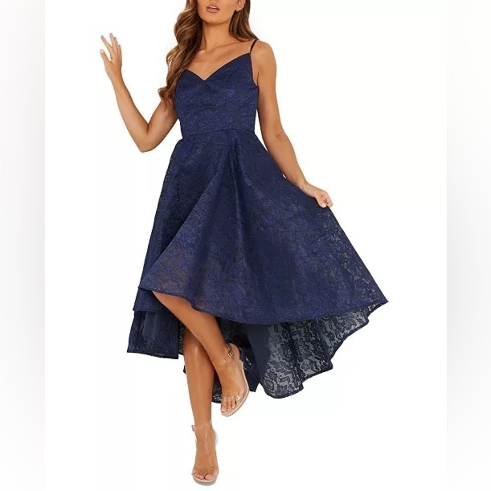 Navy Lace High-Low Cocktail Dress with Spaghetti Straps